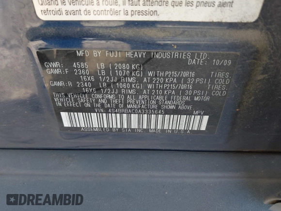2010 Subaru Outback с VIN 4S4BRBAC0A3335645, выставлен на аукционе IAAI как лот 42097338 с пробегом 160 317 миль миль и . История ставок и продаж доступна на DreamBid. Изображение 9.