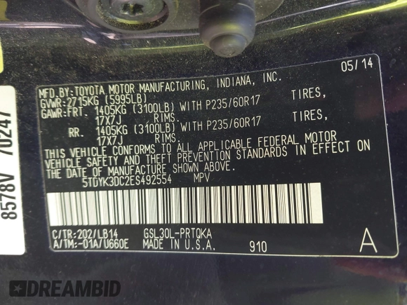 2014 Toyota Sienna XLE with VIN 5TDYK3DC2ES492554, listed as a IAAI auction lot 41685109 with 196,619 mi miles and . Bid and sale history available at DreamBid. Image 9.