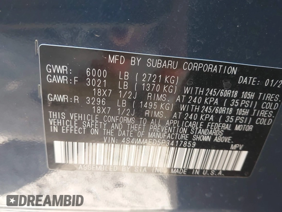 2023 Subaru Ascent Premium с VIN 4S4WMAED5P3417859, выставлен на аукционе IAAI как лот 42489577 с пробегом 46 565 миль миль и . История ставок и продаж доступна на DreamBid. Изображение 9.
