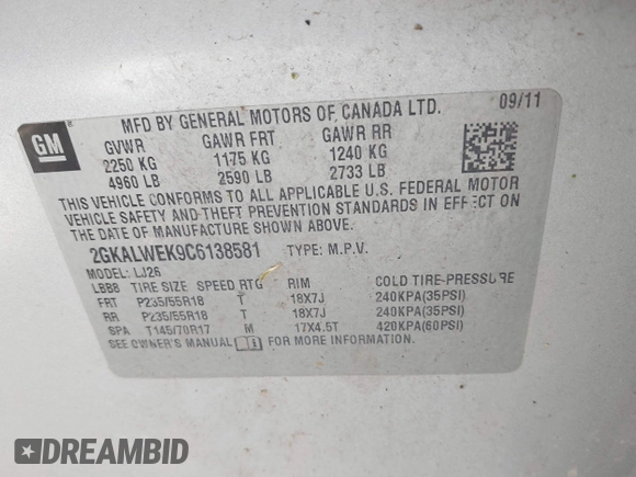 2012 GMC Terrain SLT-2 with VIN 2GKALWEK9C6138581, listed as a IAAI auction lot 42091343 with 172,607 mi miles. Bid and sale history available at carsss.com. Image 9.
