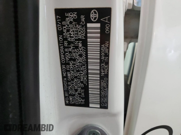 2018 Toyota Prius One with VIN JTDKDTB33J1599977, listed as a Copart auction lot 52917135 with 172,683 mi miles and Clean Title. Bid and sale history available at DreamBid. Image 12.
