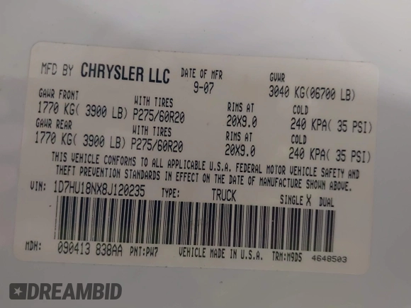 2008 Dodge 1500 SLT with VIN 1D7HU18NX8J120235, listed as a IAAI auction lot 41848707 with 168,281 mi miles. Bid and sale history available at carsss.com. Image 9.