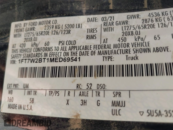 2021 Ford F-250 XL with VIN 1FT7W2BT1MED69541, listed as a IAAI auction lot 40546067 with Not provided miles and . Bid and sale history available at DreamBid. Image 9.