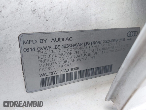 2015 Audi A4 Premium with VIN WAUDFAFL4FA016306, listed as a IAAI auction lot 42267855 with 140,647 mi miles and . Bid and sale history available at DreamBid. Image 9.