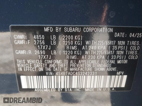 2025 Subaru Outback Premium with VIN 4S4BTADC4S3242331, listed as a IAAI auction lot 42565795 with 111 mi miles and . Bid and sale history available at DreamBid. Image 9.