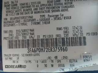 2014 Ford Fusion SE with VIN 3FA6P0H72ER375960, listed as a IAAI auction lot 41482806 with 175,255 mi miles. Bid and sale history available at carsss.com. Image 9.