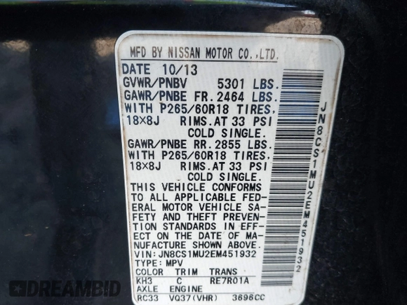 2014 Infiniti QX70 with VIN JN8CS1MU2EM451932, listed as a IAAI auction lot 41439834 with 125,781 mi miles and . Bid and sale history available at DreamBid. Image 9.