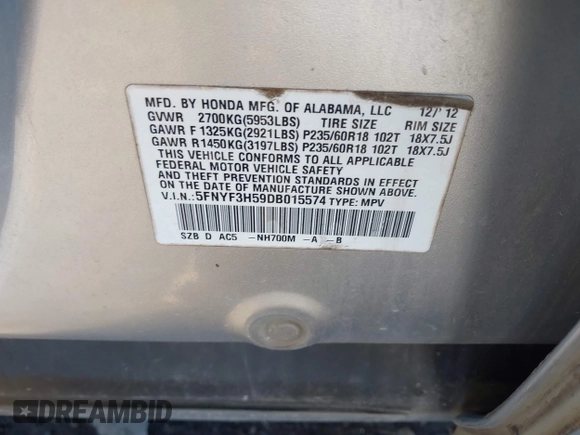 2013 Honda Pilot EX-L with VIN 5FNYF3H59DB015574, listed as a IAAI auction lot 38777512 with Not Provided miles and . Bid and sale history available at DreamBid. Image 9.
