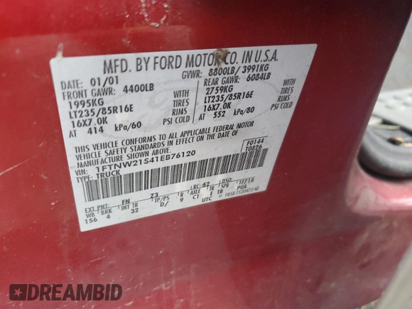 2001 Ford Super Duty F-250 XL with VIN 1FTNW21S41EB76120, listed as a Copart auction lot 84878124 with 227,360 mi miles and Salvage Title. Bid and sale history available at carsss.com. Image 14.