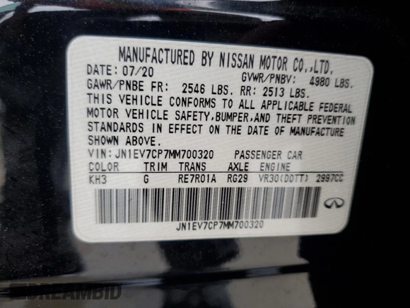 2021 Infiniti Q50 Sensory with VIN JN1EV7CP7MM700320, listed as a Copart auction lot 51660065 with 32,886 mi miles and Salvage title. Bid and sale history available at DreamBid. Image 14.