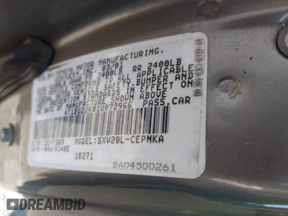 2001 Toyota Camry CE with VIN 4T1BG22K01U072966, listed as a IAAI auction lot 41985720 with 161,273 mi miles and . Bid and sale history available at carsss.com. Image 9.
