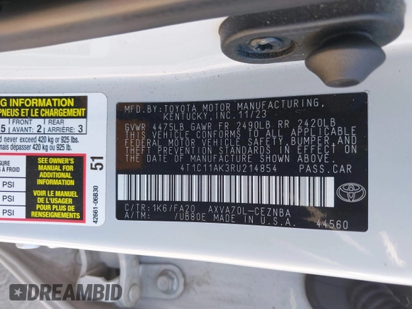 2024 Toyota Camry LE z VIN 4T1C11AK3RU214854, wystawiony jako IAAI lot #42143146 z przebiegiem 50 344 mil mil oraz . Historia ofert i sprzedaży dostępna na DreamBid. Obrazek 9.