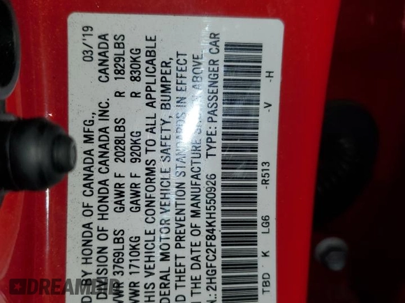 2019 Honda Civic Sport with VIN 2HGFC2F84KH550926, listed as a Copart auction lot 49224605 with 109,348 mi miles and Salvage Title. Bid and sale history available at DreamBid. Image 13.