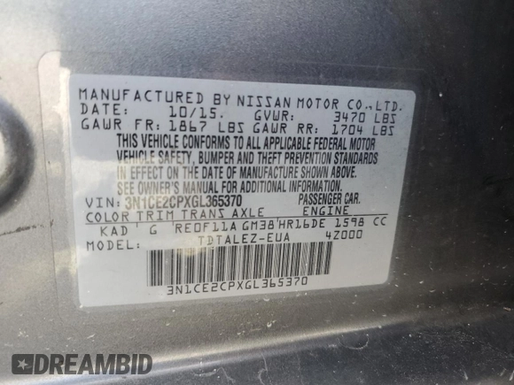 2016 Nissan Note SL with VIN 3N1CE2CPXGL365370, listed as a Copart auction lot 61049325 with 55,126 mi miles and Salvage title. Bid and sale history available at DreamBid. Image 12.