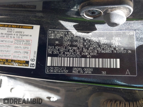 2010 Toyota 4Runner Trail с VIN JTEBU5JR0A5007621, выставлен на аукционе IAAI как лот 42223028 с пробегом 201 908 миль миль и . История ставок и продаж доступна на DreamBid. Изображение 9.