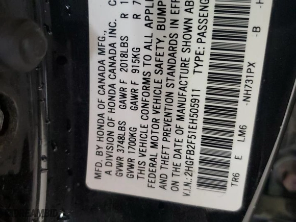 2014 Honda Civic Sedan LX with VIN 2HGFB2F51EH505911, listed as a Copart auction lot 51304715 with 178,274 mi miles and Salvage Title. Bid and sale history available at carsss.com. Image 12.