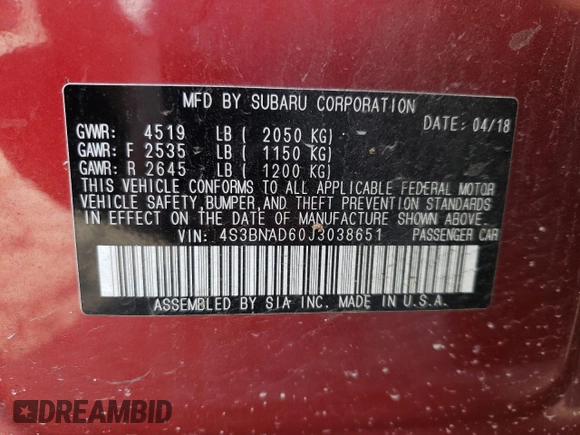 2018 Subaru Legacy Premium with VIN 4S3BNAD60J3038651, listed as a Copart auction lot 57868643 with 102,285 mi miles. Bid and sale history available at carsss.com. Image 14.
