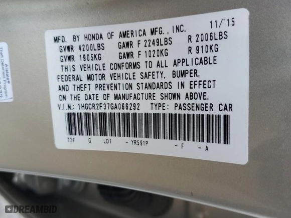 2016 Honda Accord Sedan LX with VIN 1HGCR2F37GA066292, listed as a Copart auction lot 45606335 with 76,836 mi miles and Salvage Title. Bid and sale history available at carsss.com. Image 12.