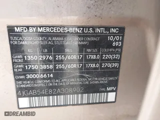 2002 Mercedes-Benz M-Class with VIN 4JGAB54E82A308902, listed as a IAAI auction lot 41779482 with 99,933 mi miles. Bid and sale history available at carsss.com. Image 9.