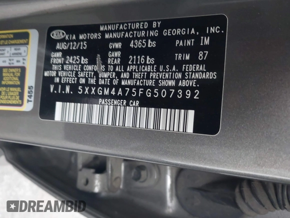 2015 Kia Optima LX with VIN 5XXGM4A75FG507392, listed as a IAAI auction lot 41889228 with 133,460 mi miles. Bid and sale history available at carsss.com. Image 9.
