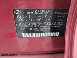 2016 Hyundai Sonata 2.4L SE with VIN 5NPE24AF4GH418987, listed as a IAAI auction lot 41650874 with 169,189 mi miles. Bid and sale history available at carsss.com. Image 9.