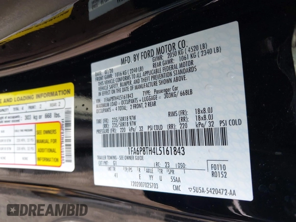 2020 Ford Mustang EcoBoost with VIN 1FA6P8TH4L5161843, listed as a IAAI auction lot 42242171 with 45,892 mi miles and . Bid and sale history available at DreamBid. Image 9.