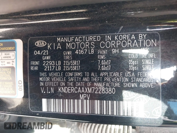 2021 Kia Seltos EX with VIN KNDERCAAXM7228380, listed as a IAAI auction lot 42015912 with 61,612 mi miles. Bid and sale history available at carsss.com. Image 9.