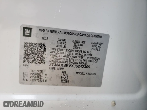 2018 Chevrolet Equinox LT z VIN 2GNAXSEVXJ6242309, wystawiony jako Copart lot #49909455 z przebiegiem 119 457 mil mil oraz Szkoda całkowita • Salvage title. Historia ofert i sprzedaży dostępna na DreamBid. Obrazek 13.