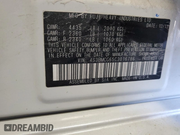 2012 Subaru Legacy Premium with VIN 4S3BMCG65C3016786, listed as a Copart auction lot 61850765 with 149,459 mi miles and Non repairable. Bid and sale history available at DreamBid. Image 13.