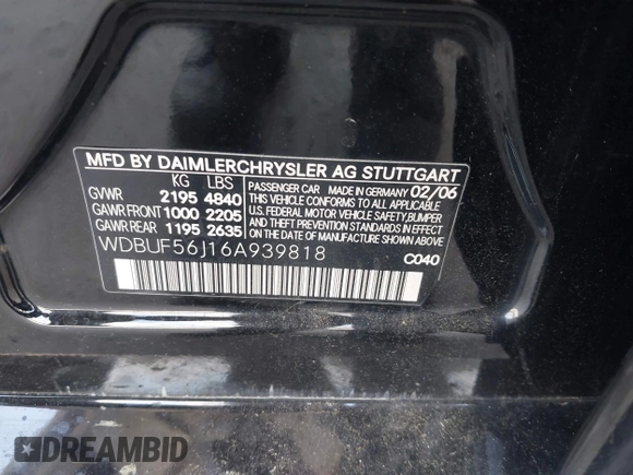 2006 Mercedes-Benz E 350 with VIN WDBUF56J16A939818, listed as a IAAI auction lot 42213057 with 209,324 mi miles and . Bid and sale history available at DreamBid. Image 9.
