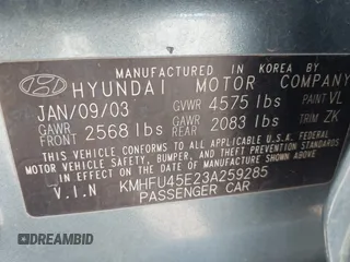 2003 Hyundai XG350 with VIN KMHFU45E23A259285, listed as a IAAI auction lot 41755815 with 62,134 mi miles. Bid and sale history available at carsss.com. Image 9.