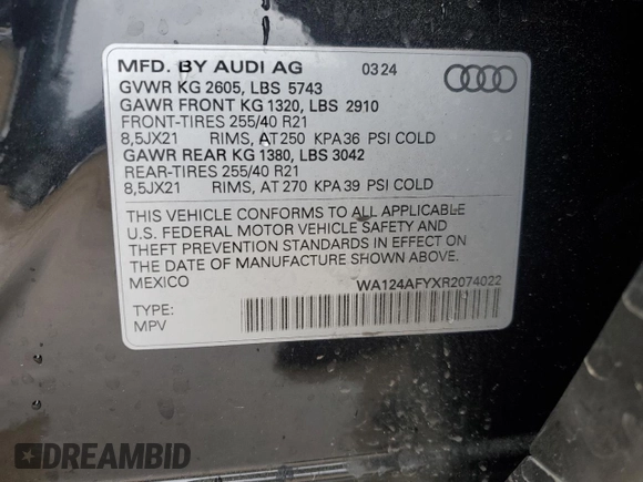 2024 Audi SQ5 Sportback Premium Plus with VIN WA124AFYXR2074022, listed as a Copart auction lot 87796575 with 6,124 mi miles and Clean title. Bid and sale history available at DreamBid. Image 13.