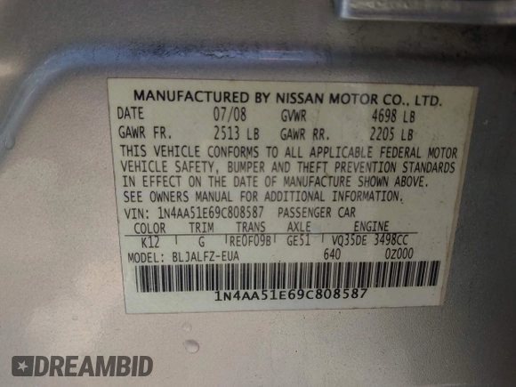 2009 Nissan Maxima S with VIN 1N4AA51E69C808587, listed as a IAAI auction lot 41376757 with 302,539 mi miles and . Bid and sale history available at DreamBid. Image 9.
