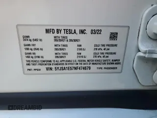 2022 Tesla Model S z VIN 5YJSA1E57NF474679, wystawiony jako Copart lot #56608285 z przebiegiem Nie podano mil oraz Szkoda całkowita • Salvage title. Historia ofert i sprzedaży dostępna na DreamBid. Obrazek 12.