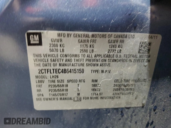 2011 GMC Terrain SLE-2 with VIN 2CTFLTEC4B6415150, listed as a Copart auction lot 54237085 with 134,534 mi miles and Salvage title. Bid and sale history available at DreamBid. Image 13.