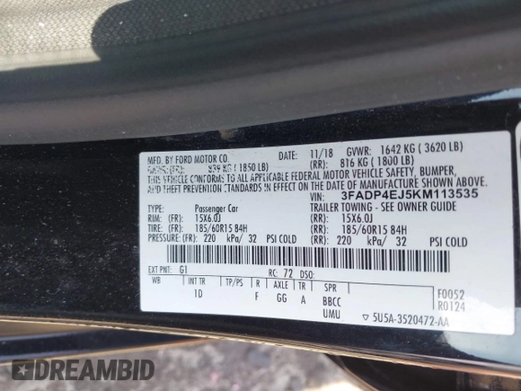 2019 Ford Fiesta SE with VIN 3FADP4EJ5KM113535, listed as a IAAI auction lot 39659709 with 100,730 mi miles. Bid and sale history available at carsss.com. Image 9.