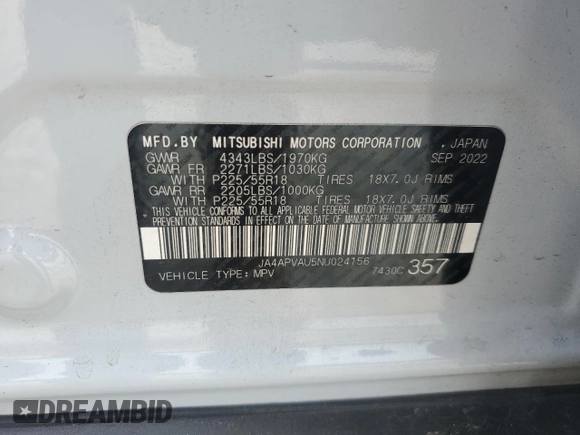 2022 Mitsubishi Outlander SE with VIN JA4APVAU5NU024156, listed as a Copart auction lot 53965825 with 55,627 mi miles and Salvage title. Bid and sale history available at DreamBid. Image 14.