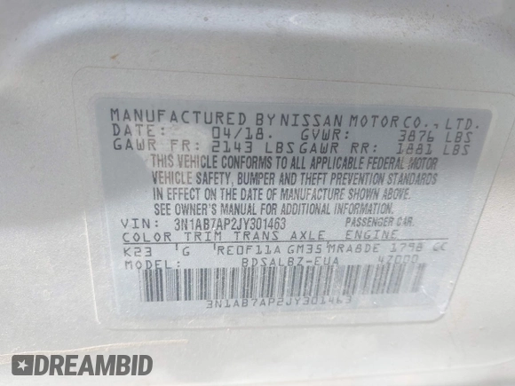 2018 Nissan Sentra SV with VIN 3N1AB7AP2JY301463, listed as a IAAI auction lot 41830779 with 75,272 mi miles and . Bid and sale history available at DreamBid. Image 9.