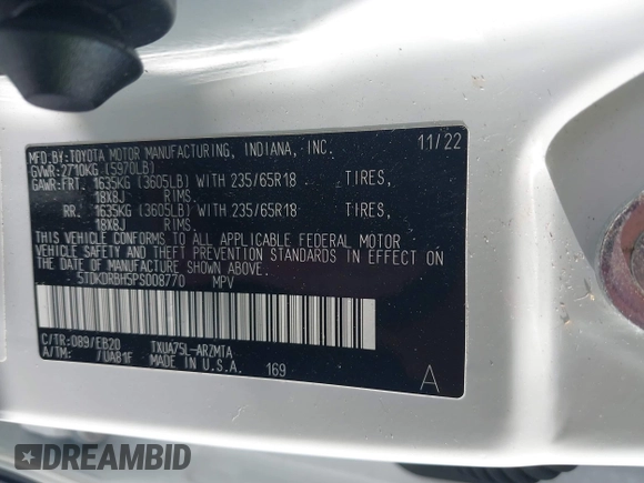 2023 Toyota Highlander L with VIN 5TDKDRBH5PS008770, listed as a IAAI auction lot 41287960 with 26,822 mi miles and . Bid and sale history available at DreamBid. Image 9.