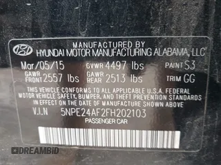 2015 Hyundai Sonata 2.4L SE with VIN 5NPE24AF2FH202103, listed as a IAAI auction lot 42142210 with 155,371 mi miles. Bid and sale history available at carsss.com. Image 9.