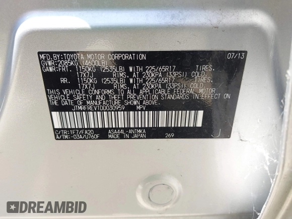 2013 Toyota RAV4 XLE with VIN JTMRFREV1DD030959, listed as a IAAI auction lot 42662601 with 99,719 mi miles and . Bid and sale history available at DreamBid. Image 9.