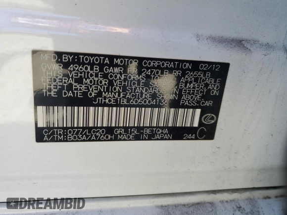 2013 Lexus GS 350 with VIN JTHCE1BL6D5004136, listed as a Copart auction lot 50759315 with 61,301 mi miles and Salvage Title. Bid and sale history available at carsss.com. Image 12.