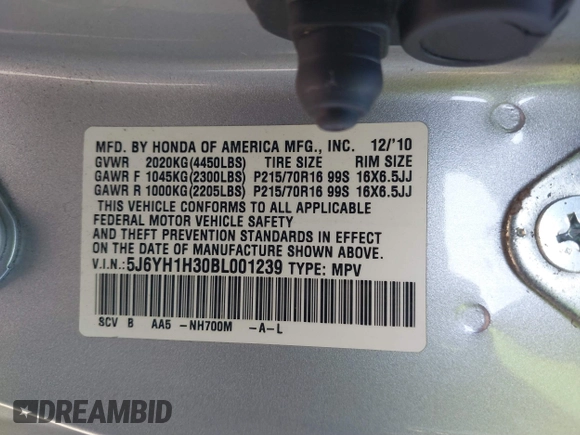 2011 Honda Element LX with VIN 5J6YH1H30BL001239, listed as a IAAI auction lot 41146543 with 98,302 mi miles and . Bid and sale history available at DreamBid. Image 9.