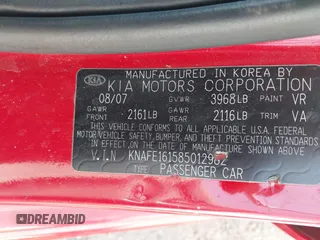 2008 Kia Spectra with VIN KNAFE161585012982, listed as a IAAI auction lot 41988200 with 159,875 mi miles. Bid and sale history available at carsss.com. Image 9.