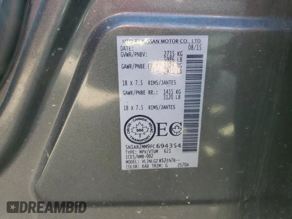 2015 Nissan Pathfinder SL z VIN 5N1AR2MM9FC694354, wystawiony jako Copart lot #53834035 z przebiegiem 217 650 mil mil oraz Szkoda całkowita • Salvage title. Historia ofert i sprzedaży dostępna na DreamBid. Obrazek 14.