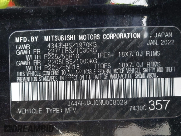 2022 Mitsubishi Outlander Sport ES with VIN JA4ARUAU0NU008029, listed as a IAAI auction lot 41857295 with 50,075 mi miles. Bid and sale history available at carsss.com. Image 9.