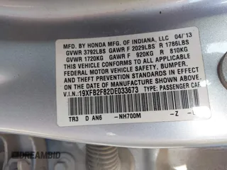 2013 Honda Civic EX with VIN 19XFB2F82DE033673, listed as a IAAI auction lot 41866707 with 194,651 mi miles and . Bid and sale history available at DreamBid. Image 9.