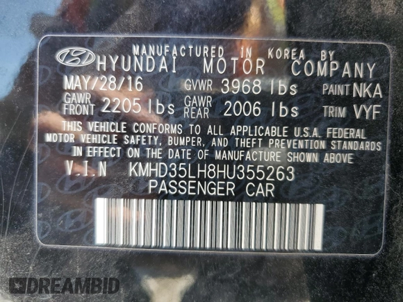 2017 Hyundai Elantra with VIN KMHD35LH8HU355263, listed as a Copart auction lot 65799695 with 123,903 mi miles and Clean title. Bid and sale history available at DreamBid. Image 12.