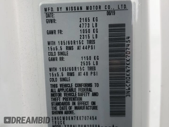 2019 Nissan NV200 S z VIN 3N6CM0KN7KK707454, wystawiony jako Copart lot #51436415 z przebiegiem 84 985 mil mil oraz Szkoda całkowita • Salvage title. Historia ofert i sprzedaży dostępna na DreamBid. Obrazek 14.