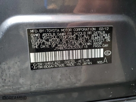 2012 Lexus IS 350 with VIN JTHBE5C23C5030118, listed as a Copart auction lot 73098904 with 115,815 mi miles and Clean Title. Bid and sale history available at carsss.com. Image 12.